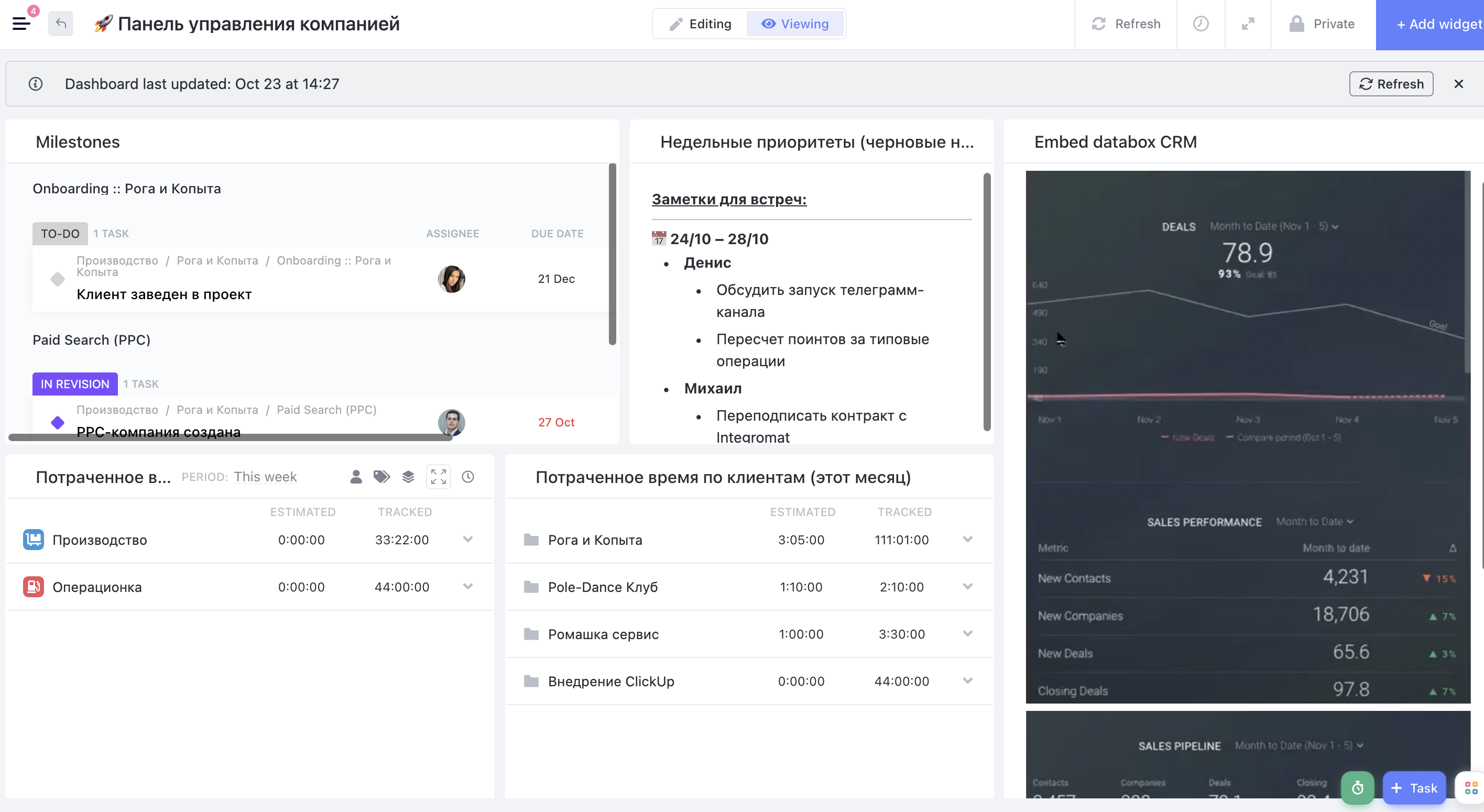 Пример панели управления для руководителя