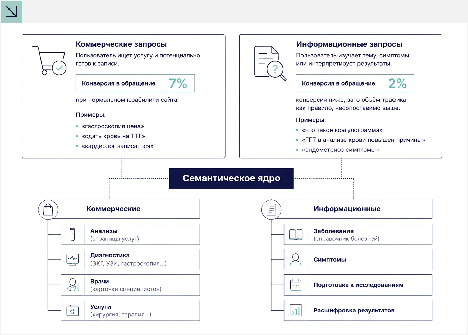 Семантическое ядро медицинской клиники состоит из коммерческих и информационных запросов