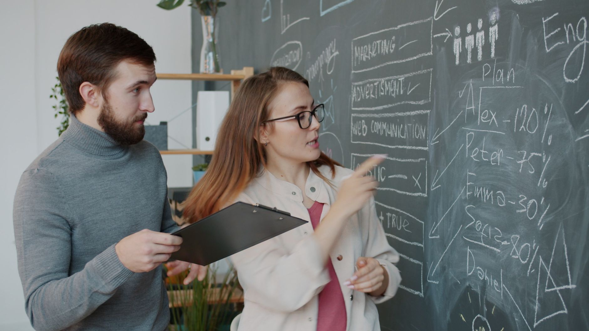 Two colleagues strategizing on business goals at a chalkboard.