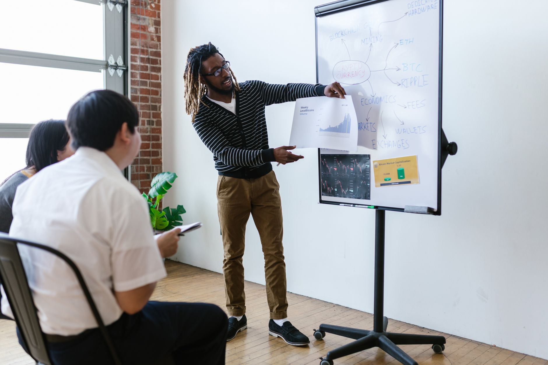 Professionals engaged in a cryptocurrency strategy session with visual aids on a whiteboard.