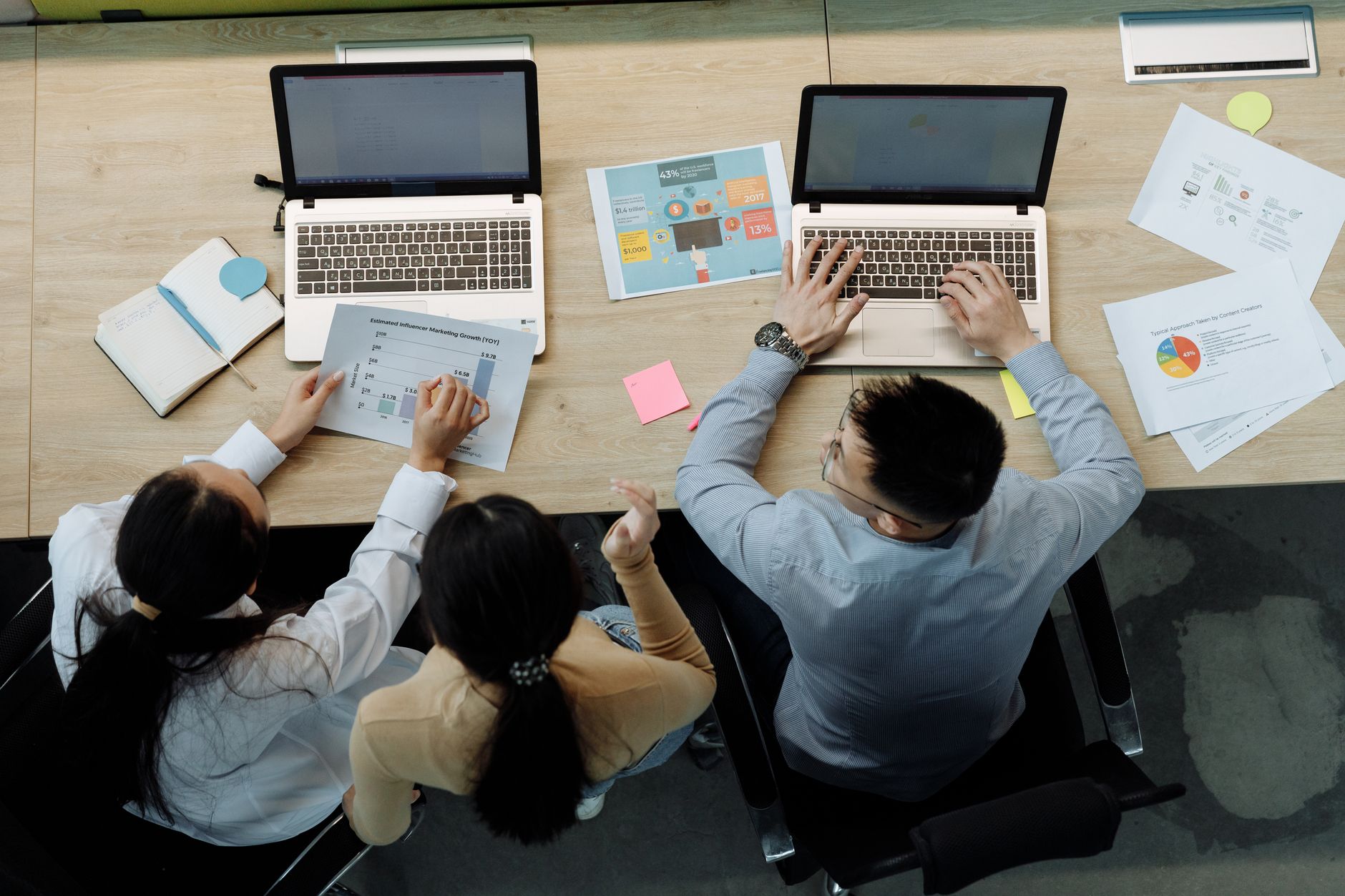 Three colleagues working on laptops and documents at a desk, collaborating on business projects.