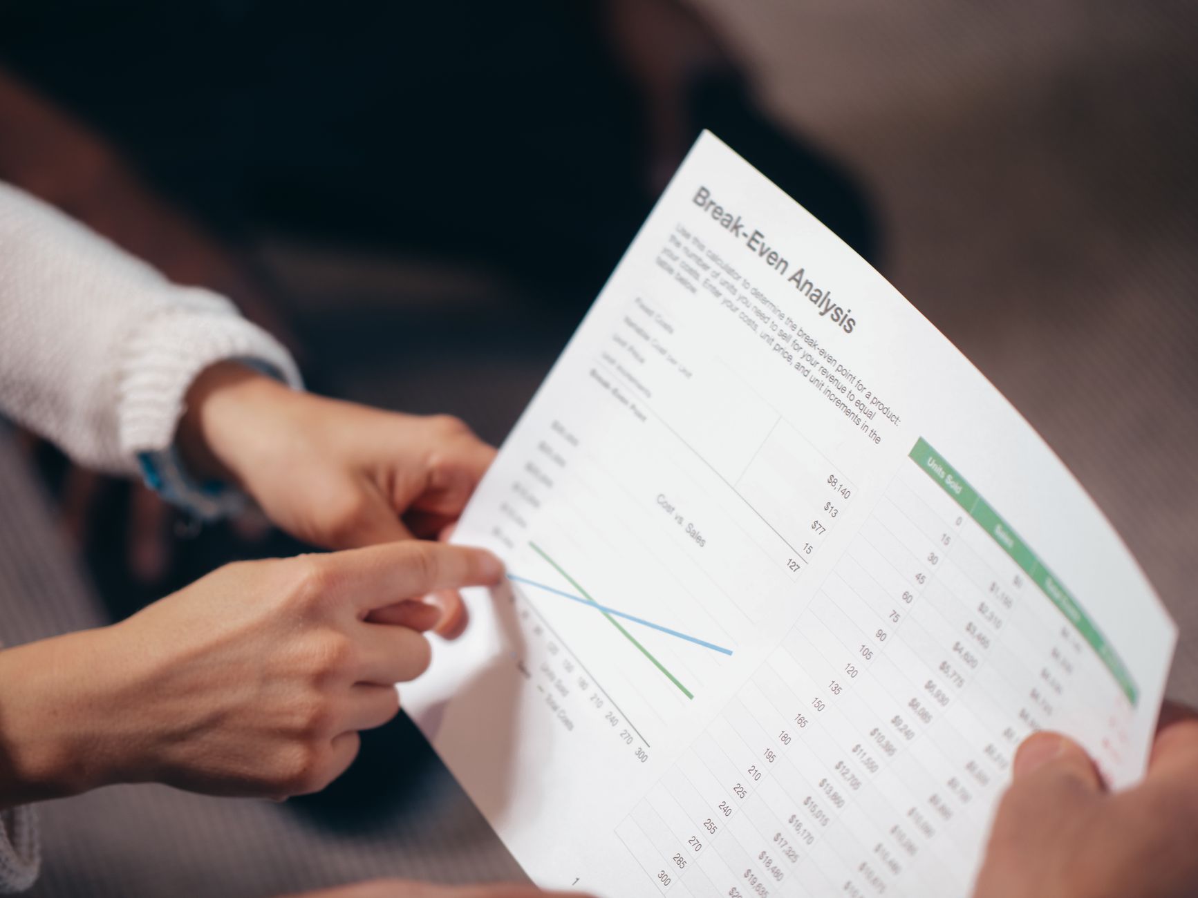 Close-up of hands discussing a break-even analysis document in a business meeting.